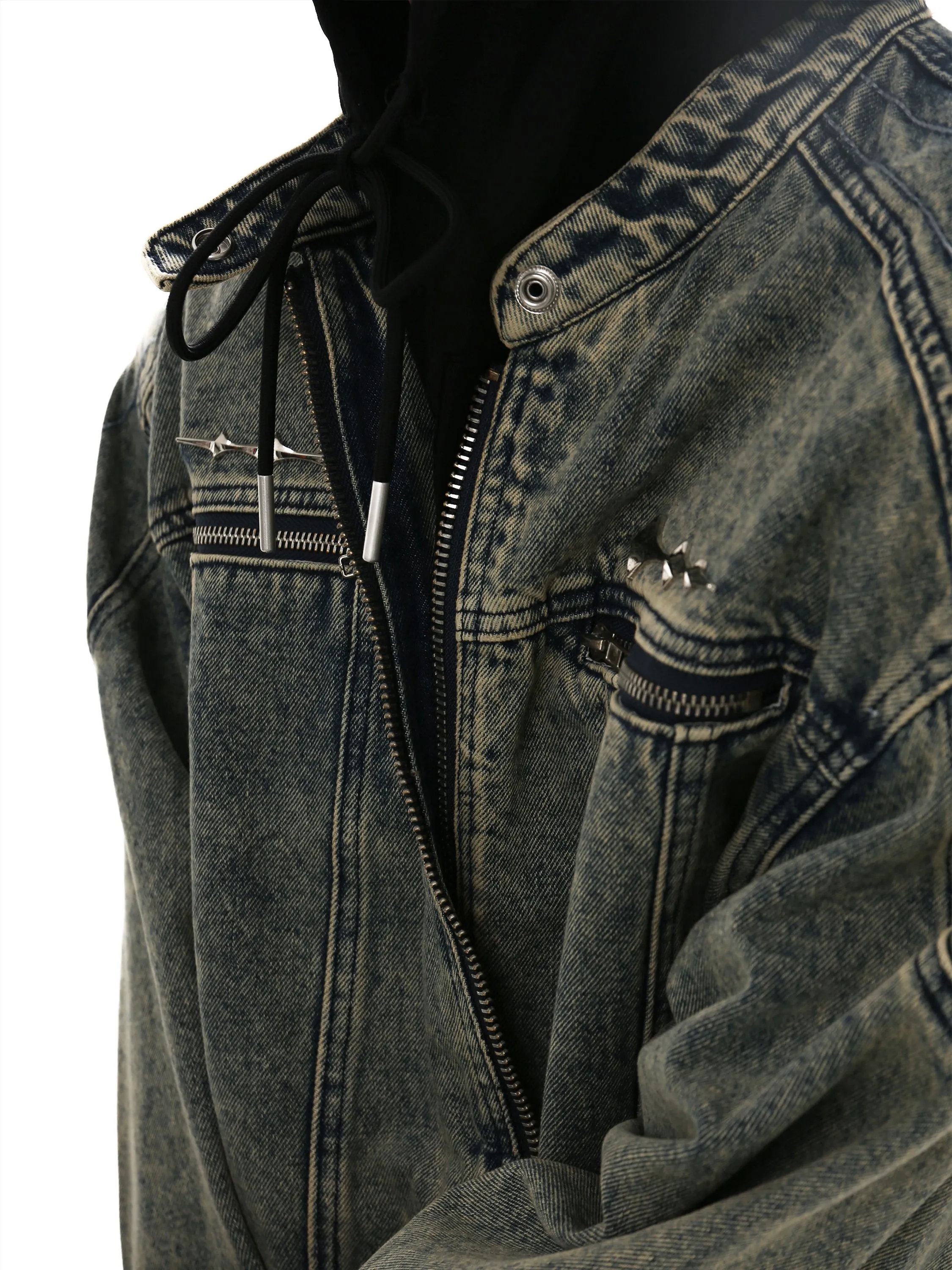 Oversized Wide-Fit Denim Racer Jacket with Zippered Pockets
