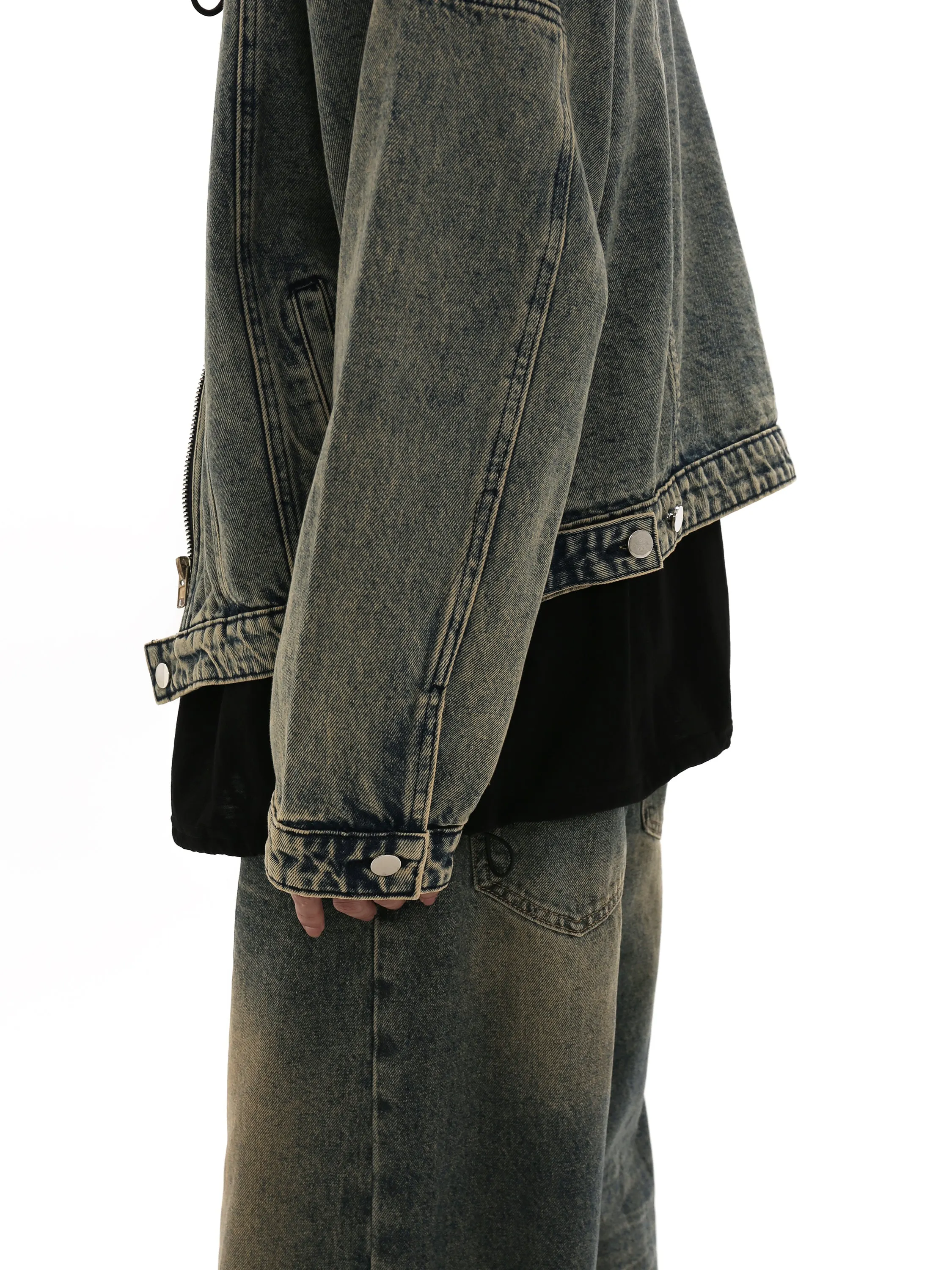 Oversized Wide-Fit Denim Racer Jacket with Zippered Pockets