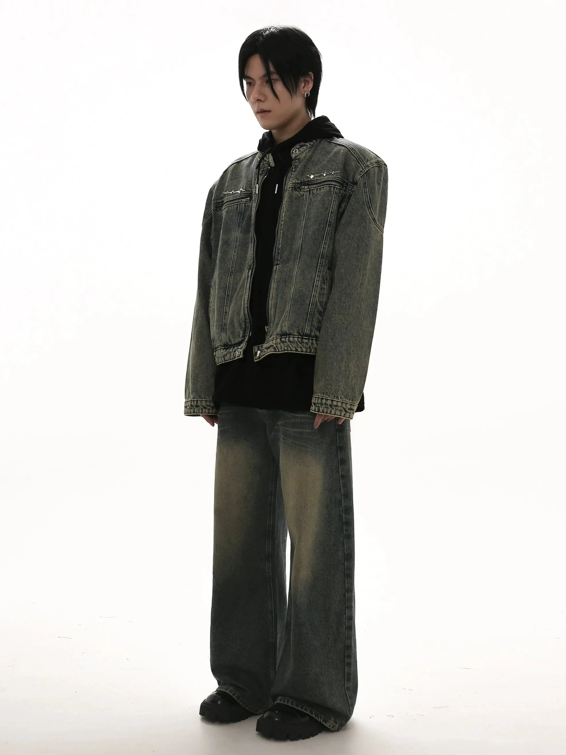 Oversized Wide-Fit Denim Racer Jacket with Zippered Pockets