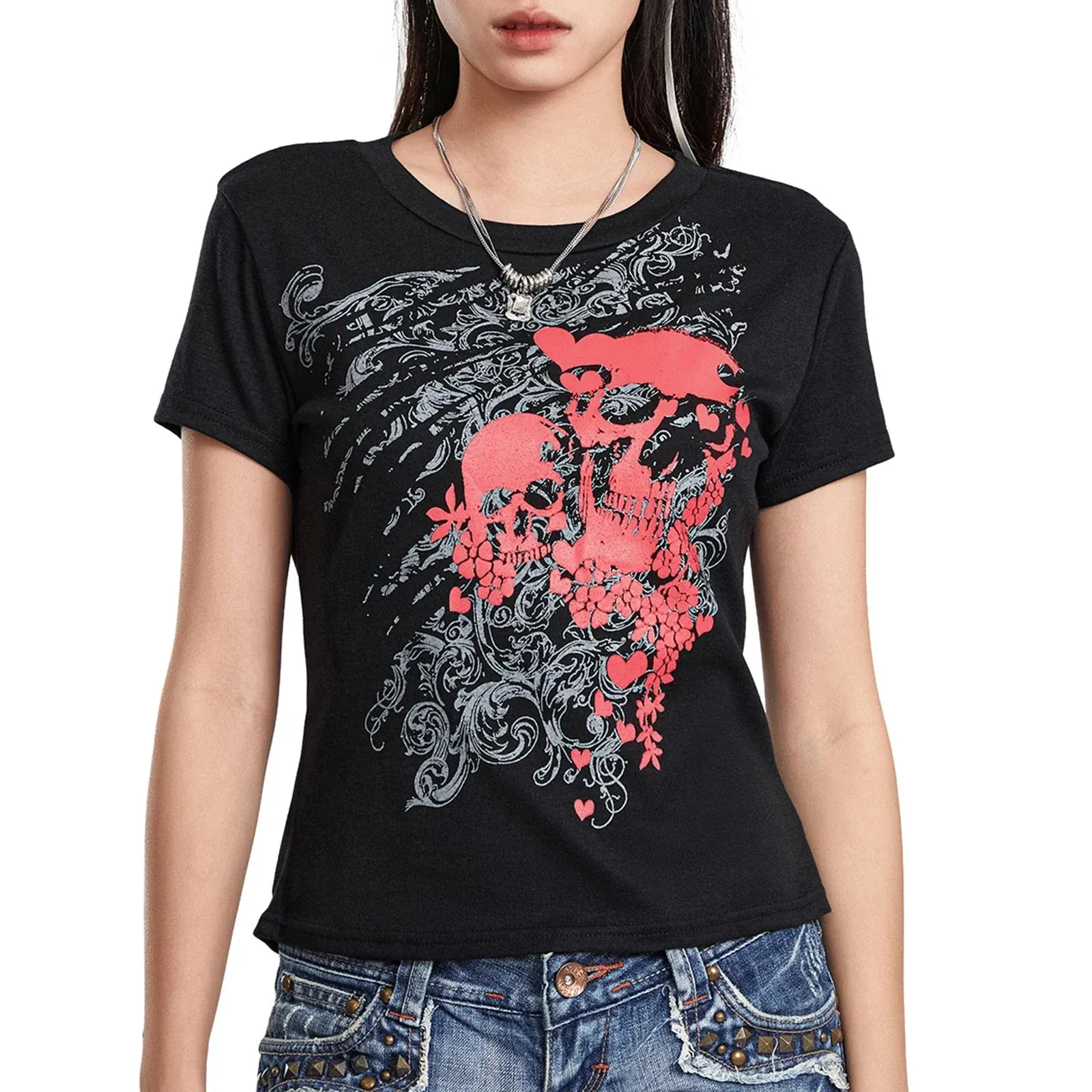 Print Grunge Crew Neck Short Sleeve Summer Casual Slim Fit Crop Tops Dark Aesthetic Streetwear Skull T-shirt
