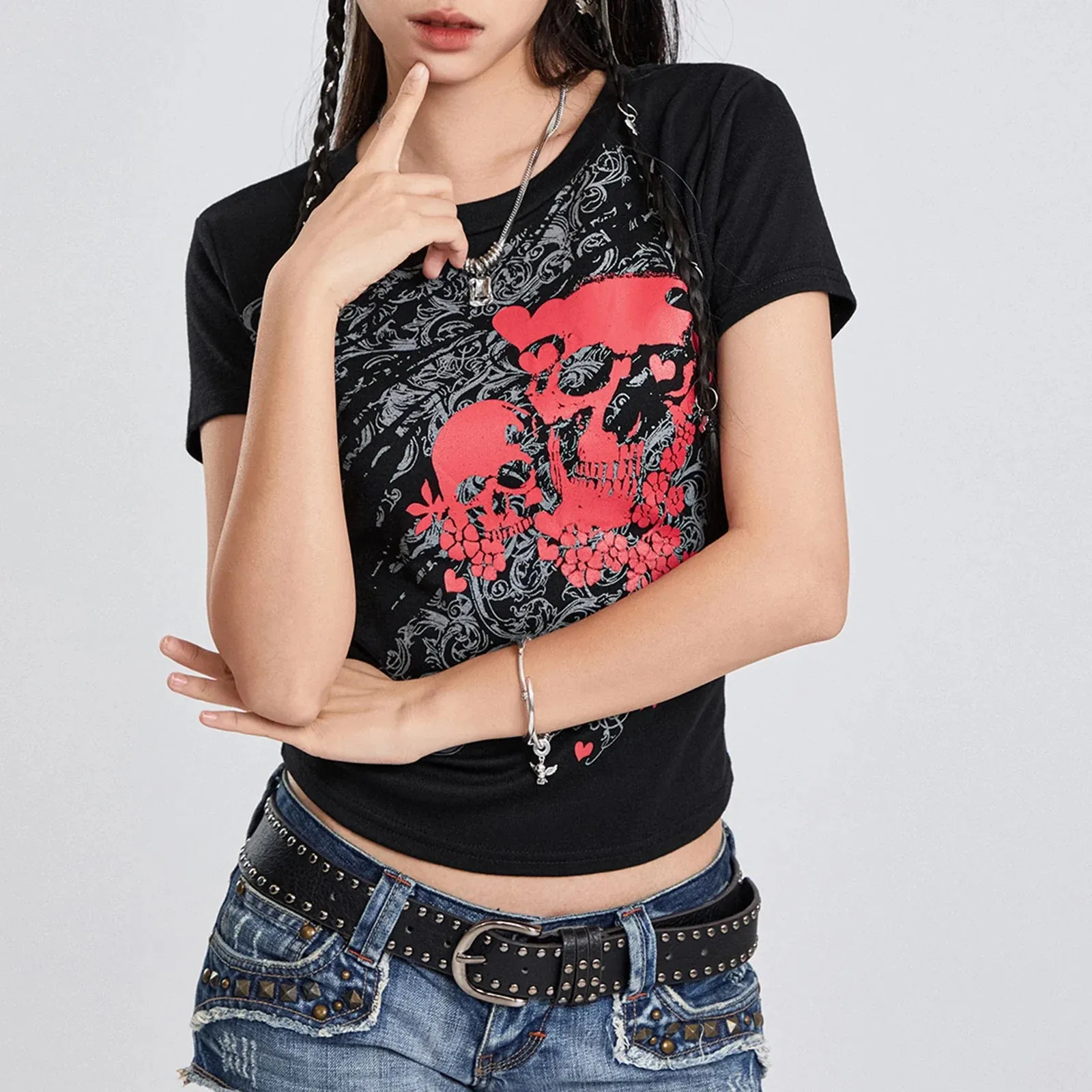 Print Grunge Crew Neck Short Sleeve Summer Casual Slim Fit Crop Tops Dark Aesthetic Streetwear Skull T-shirt