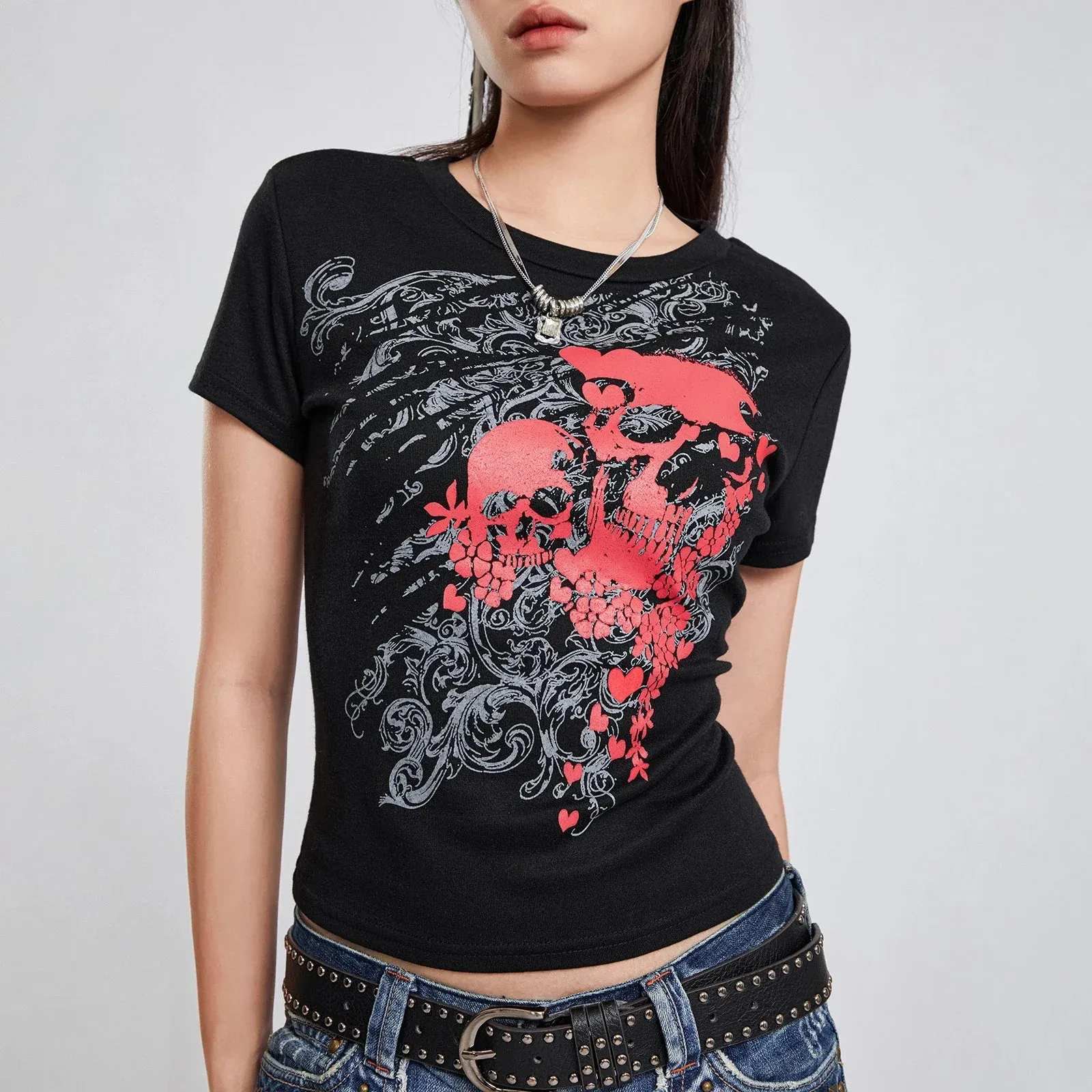 Print Grunge Crew Neck Short Sleeve Summer Casual Slim Fit Crop Tops Dark Aesthetic Streetwear Skull T-shirt