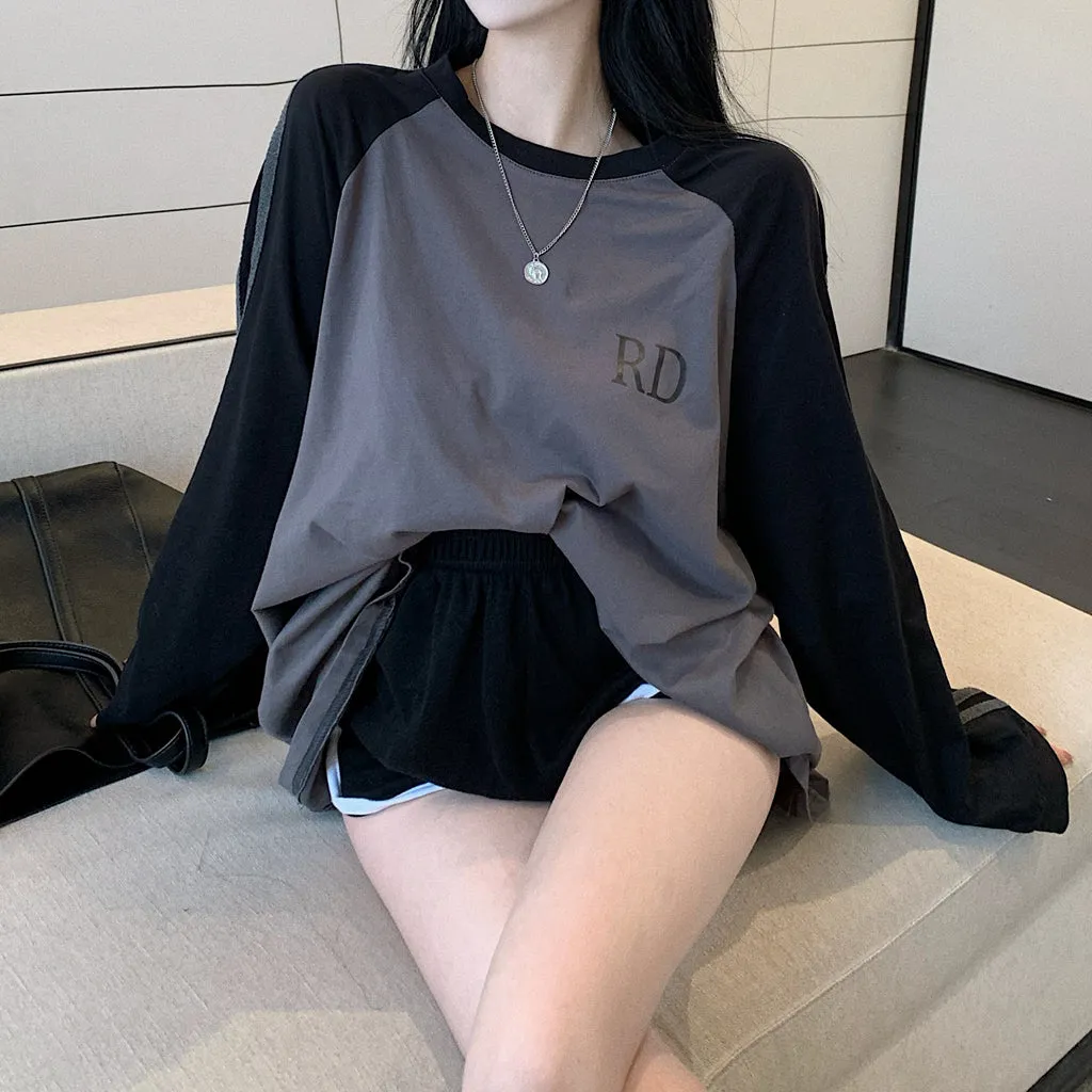 Pure Cotton Round Neck Raglan T-Shirt Long Sleeve Top