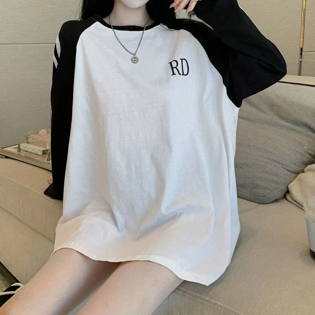 Pure Cotton Round Neck Raglan T-Shirt Long Sleeve Top