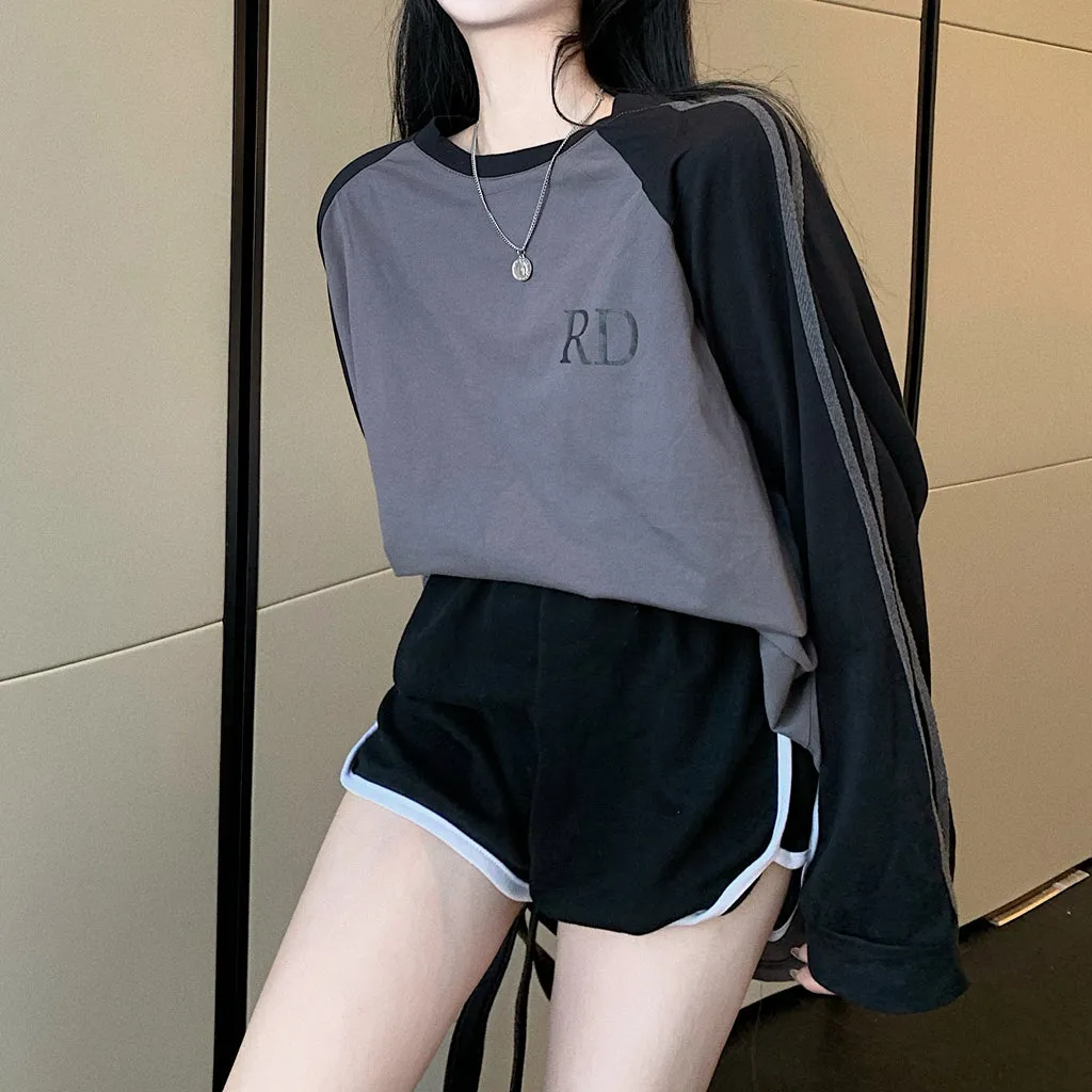 Pure Cotton Round Neck Raglan T-Shirt Long Sleeve Top
