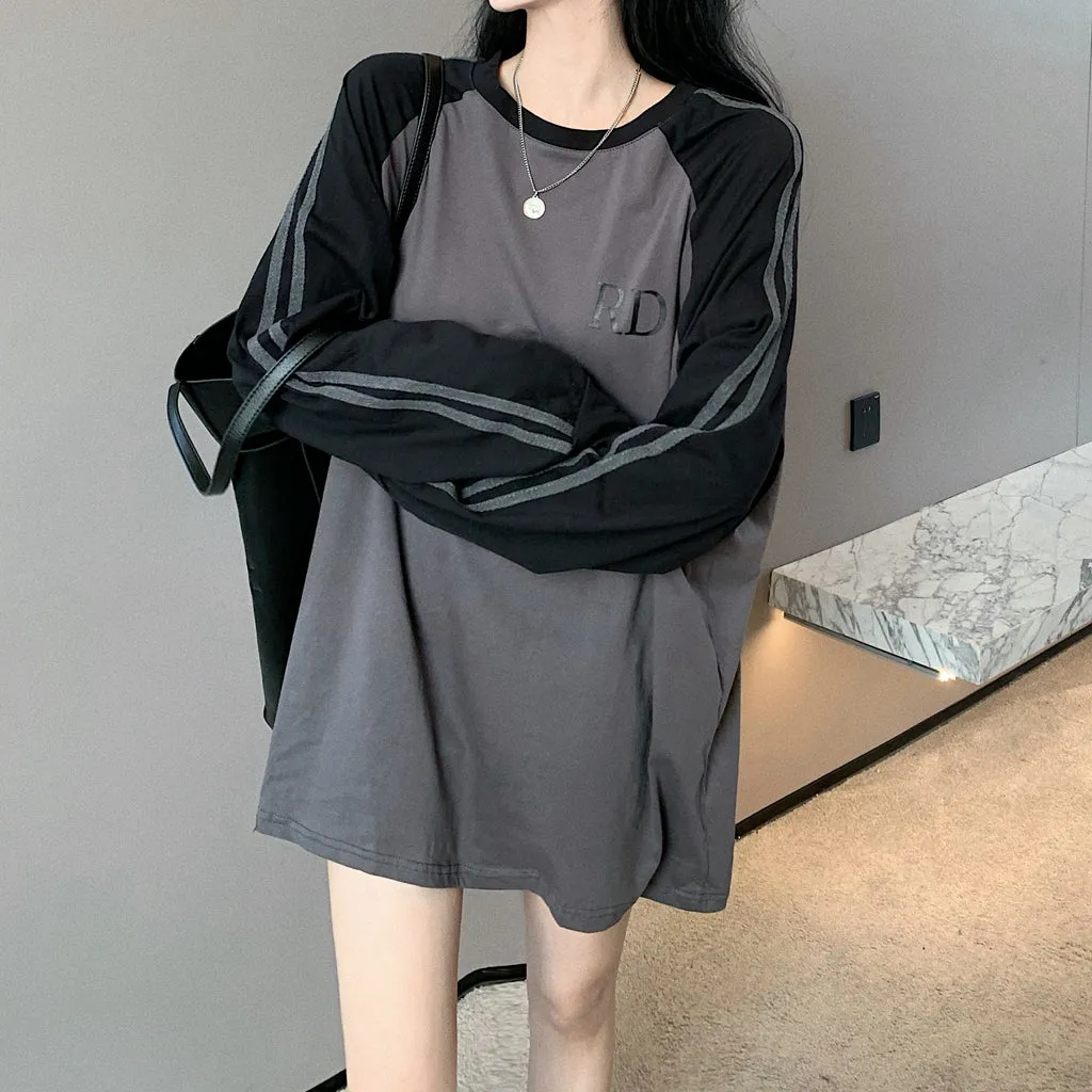 Pure Cotton Round Neck Raglan T-Shirt Long Sleeve Top