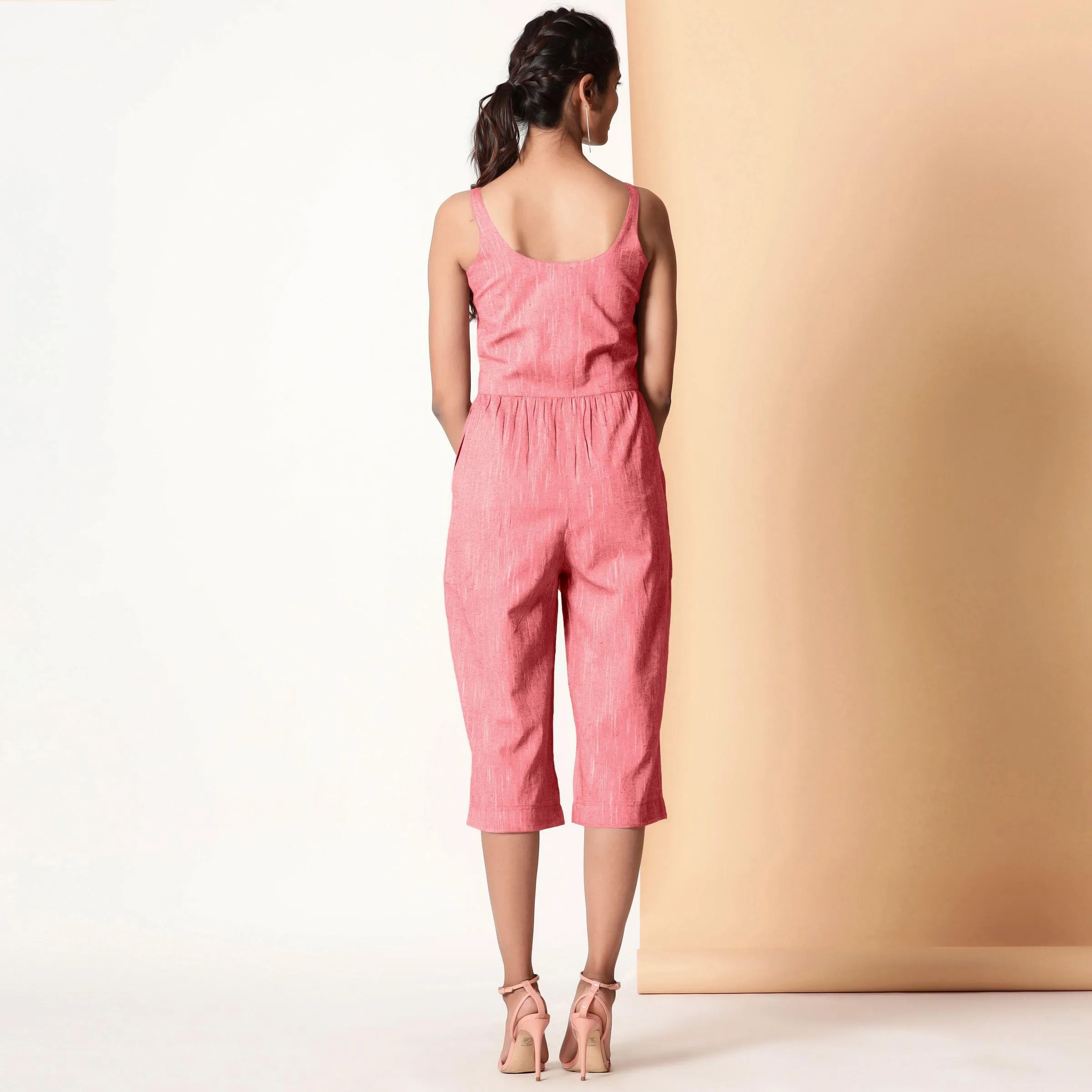 Red 100% Cotton Sleeveless Button-Down Jumpsuit