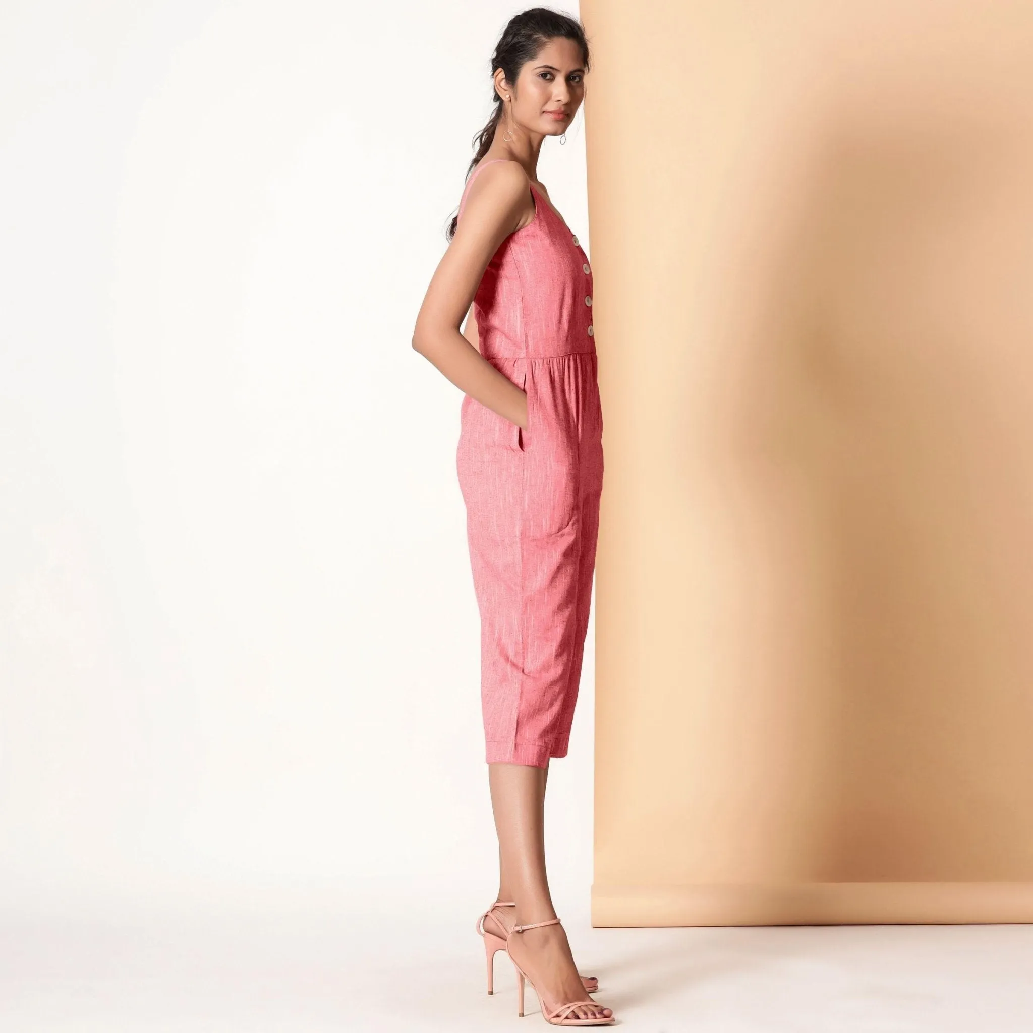 Red 100% Cotton Sleeveless Button-Down Jumpsuit