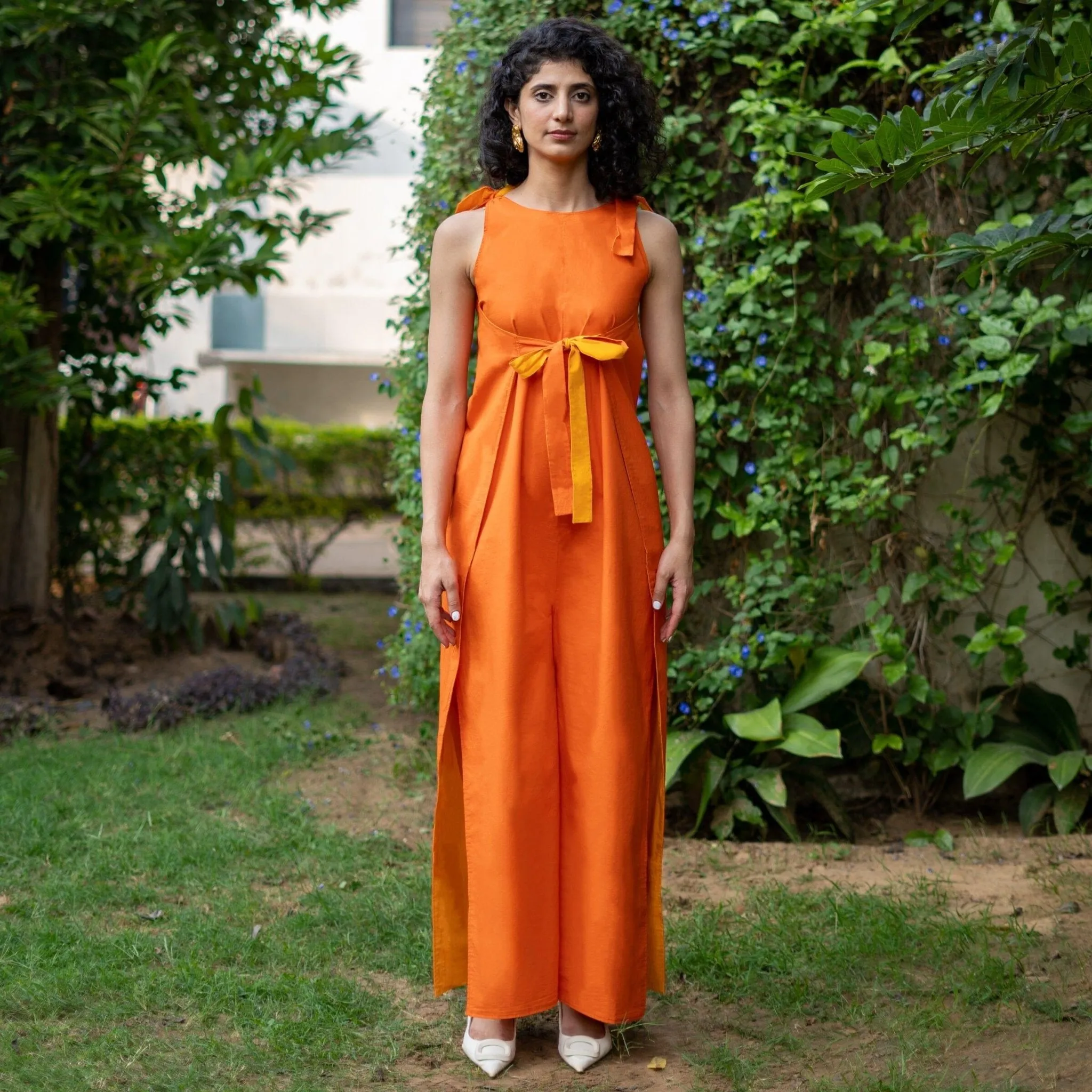 Reversible Yellow and Orange Cotton Poplin Flared Wrap Jumpsuit