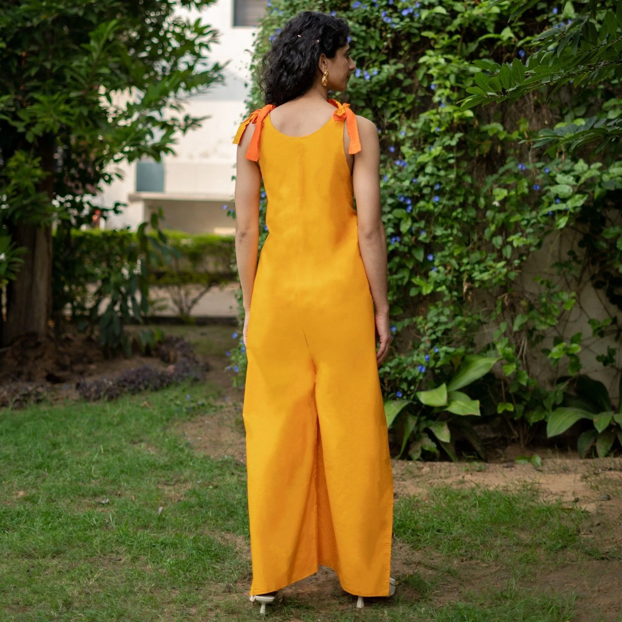 Reversible Yellow and Orange Cotton Poplin Flared Wrap Jumpsuit