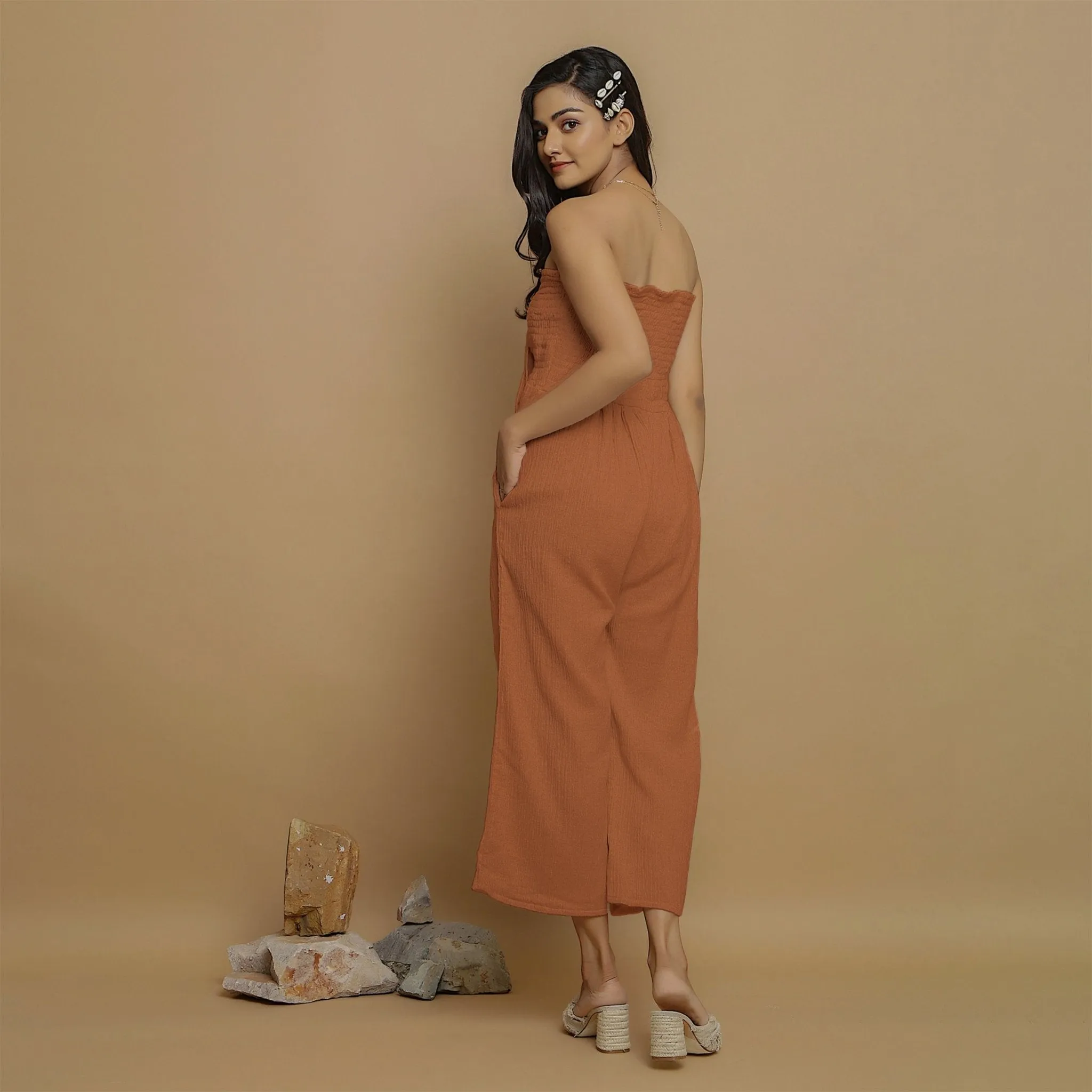 Rust Crinkled Cotton Flax High-Rise Jumpsuit