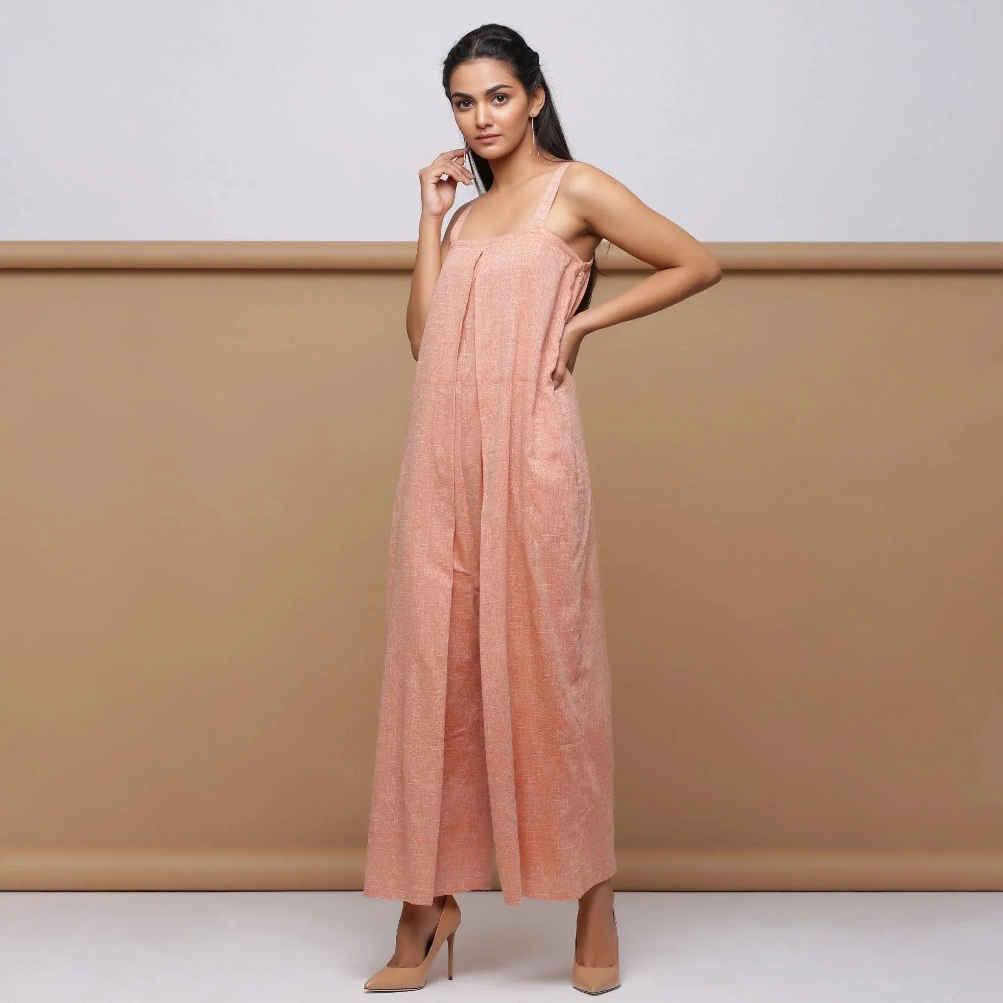 Salmon Pink Cotton Muslin Ankle Length Pleated Jumpsuit
