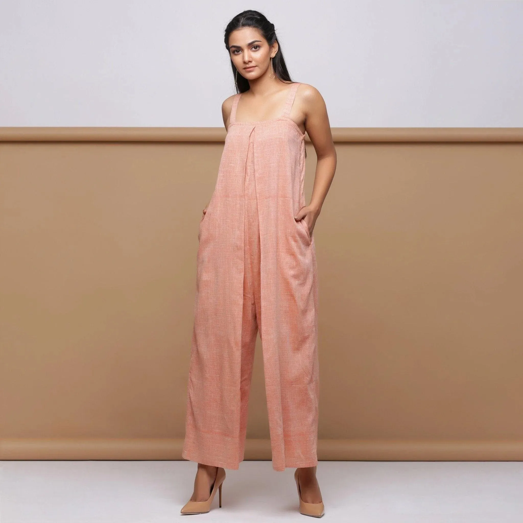 Salmon Pink Cotton Muslin Ankle Length Pleated Jumpsuit
