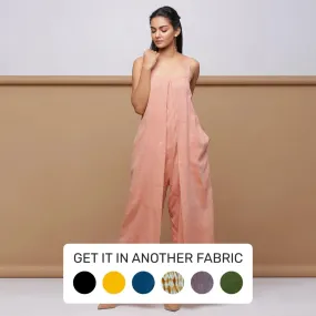 Salmon Pink Cotton Muslin Ankle Length Pleated Jumpsuit