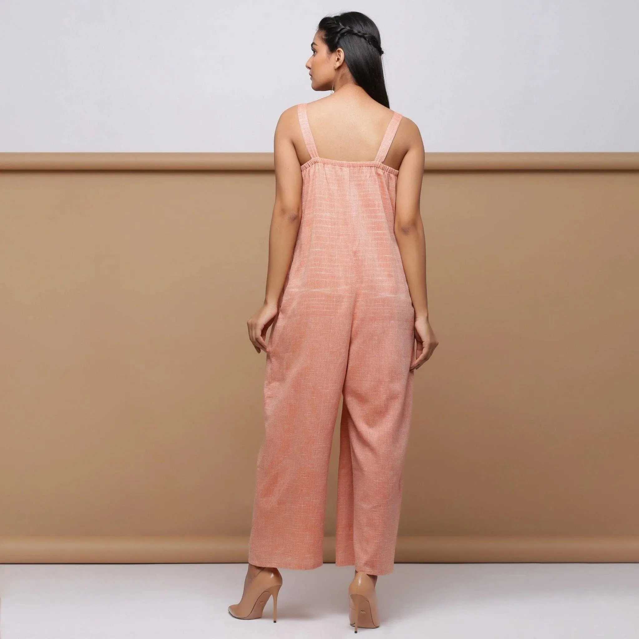 Salmon Pink Cotton Muslin Ankle Length Pleated Jumpsuit