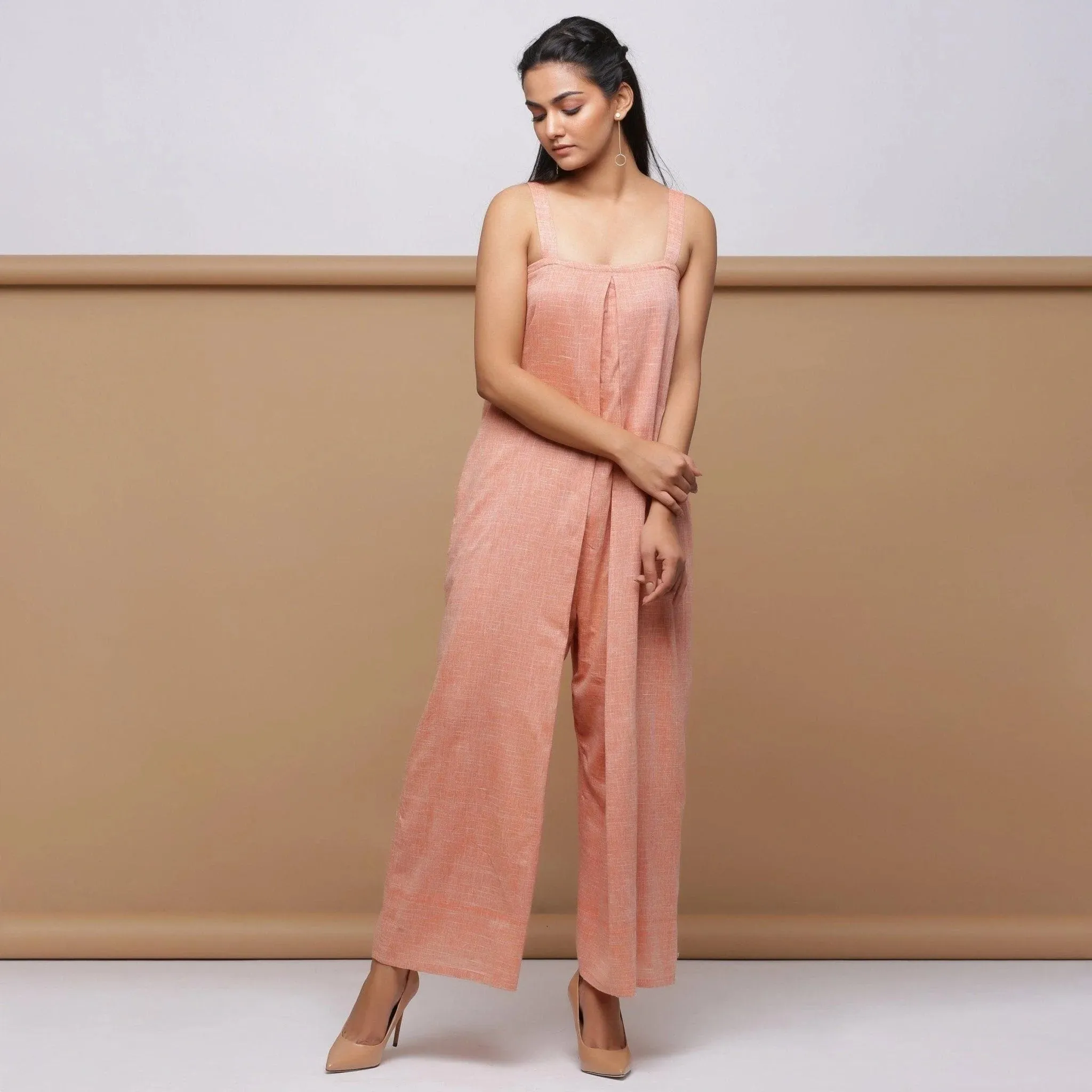 Salmon Pink Cotton Muslin Ankle Length Pleated Jumpsuit