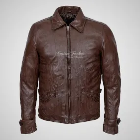 SKYFALL 007 Style Wrinkled Leather Jacket Brown For Men's