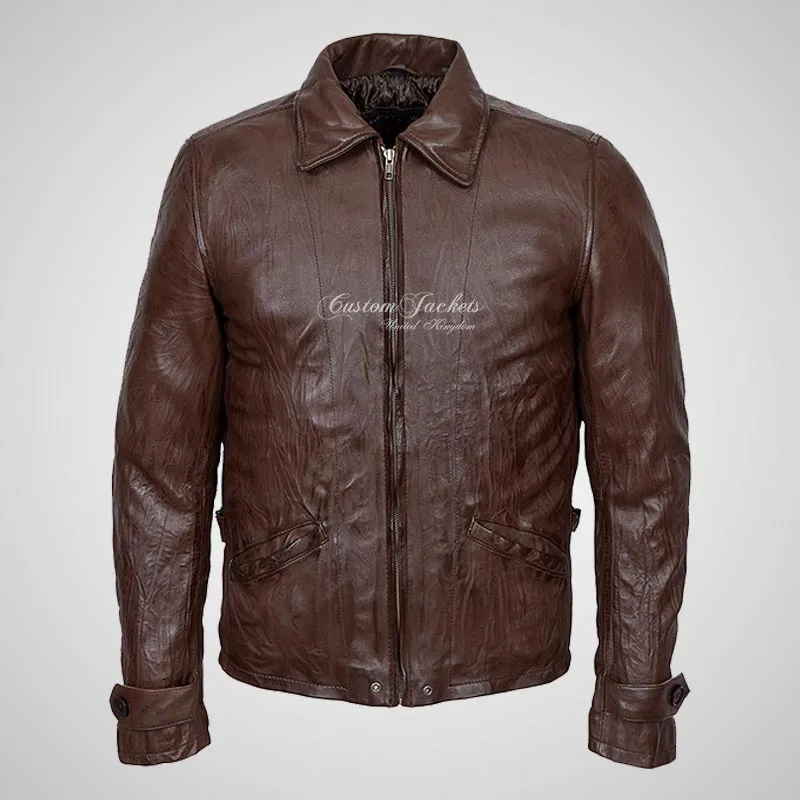 SKYFALL 007 Style Wrinkled Leather Jacket Brown For Men's