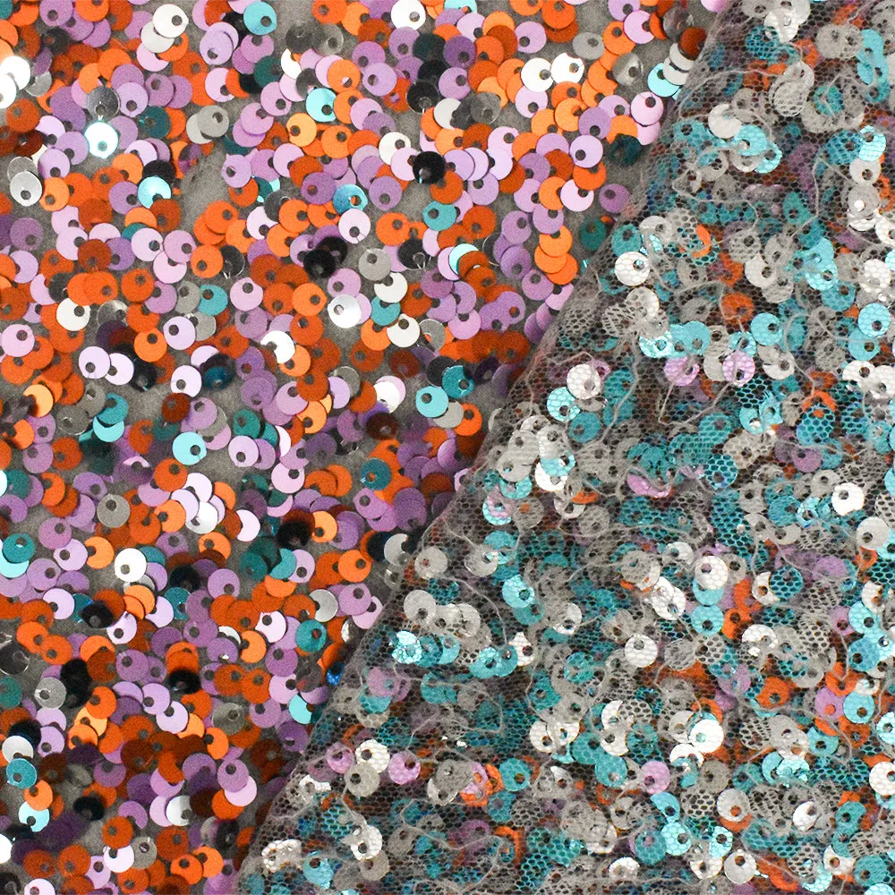 Teal-Orange-Multi Party Sequin Poly Mesh Knit Fabric
