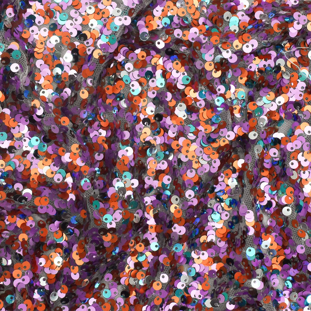 Teal-Orange-Multi Party Sequin Poly Mesh Knit Fabric