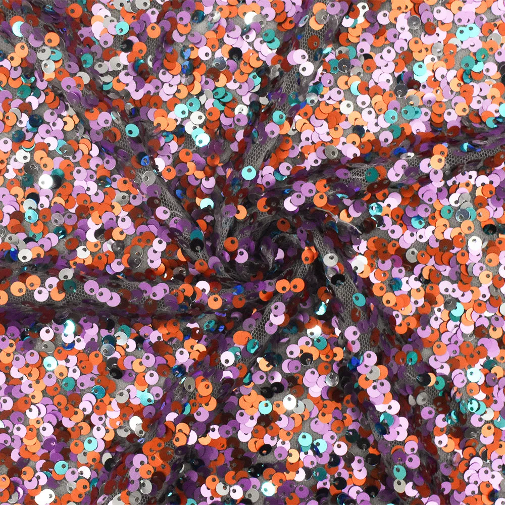 Teal-Orange-Multi Party Sequin Poly Mesh Knit Fabric