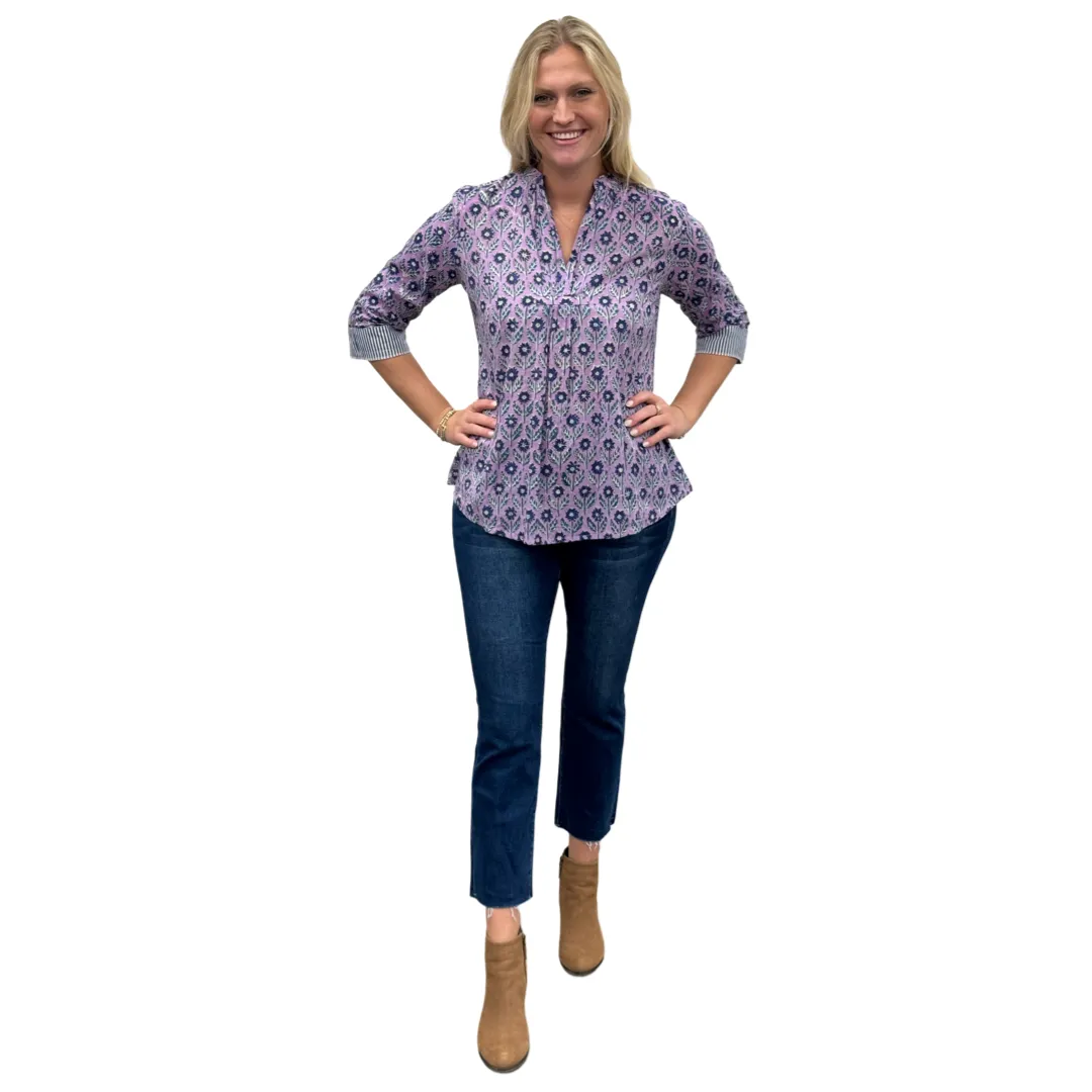 The Eloise Hand Block Print Top in Lavender and Navy Floral