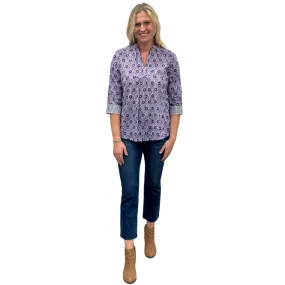 The Eloise Hand Block Print Top in Lavender and Navy Floral