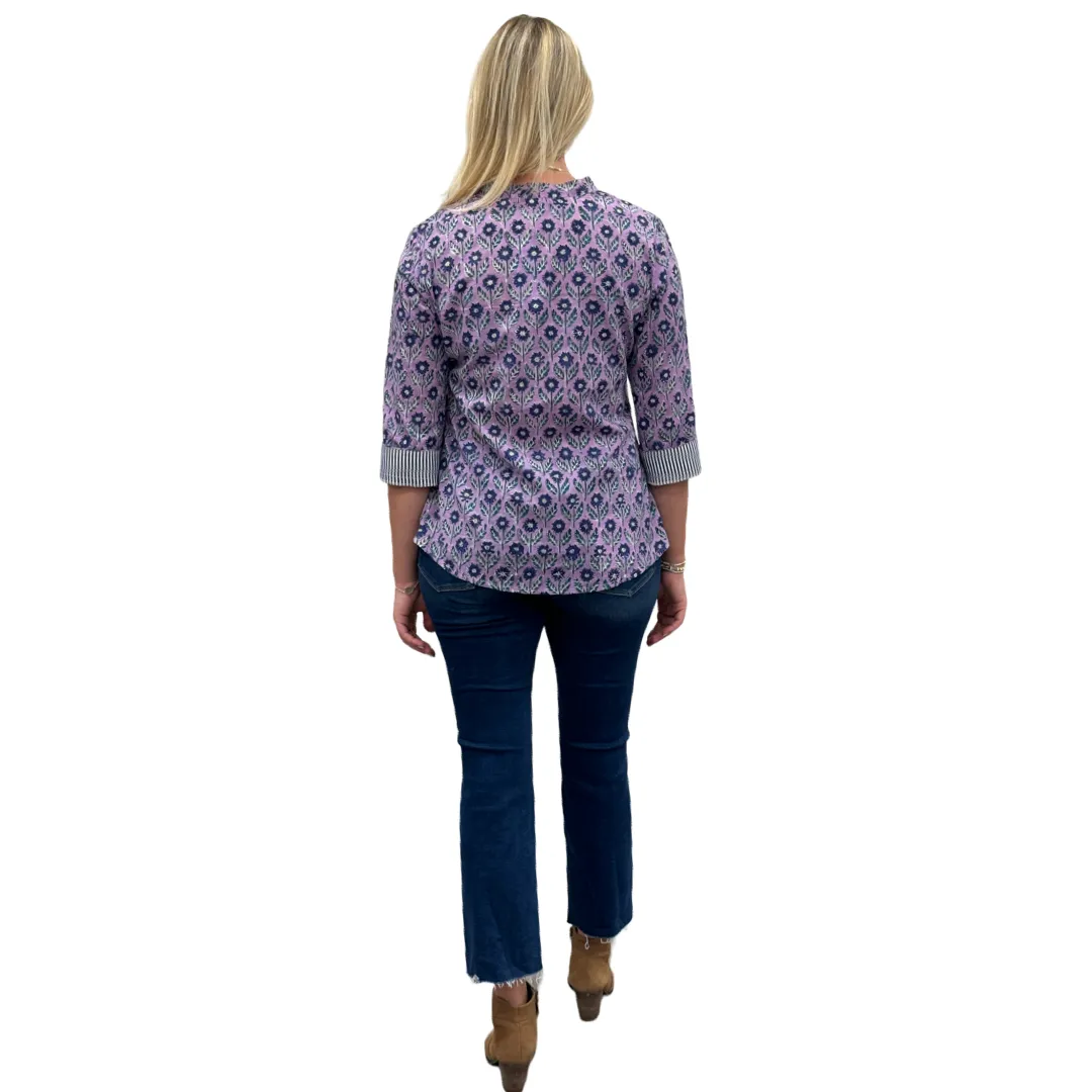 The Eloise Hand Block Print Top in Lavender and Navy Floral