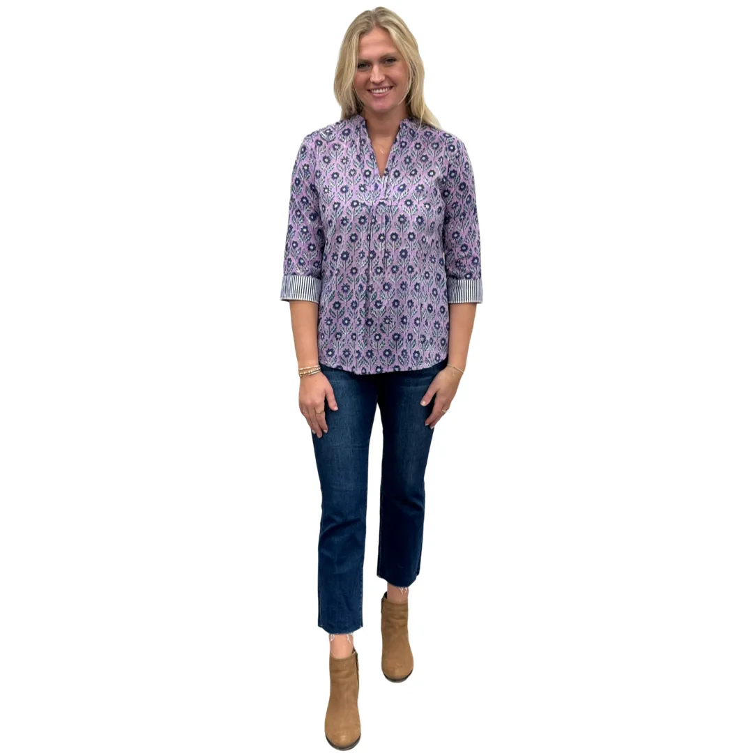 The Eloise Hand Block Print Top in Lavender and Navy Floral