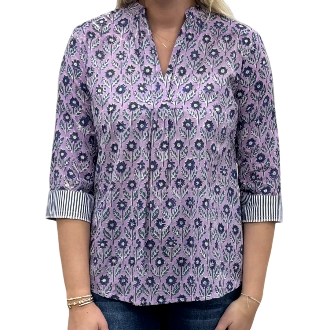 The Eloise Hand Block Print Top in Lavender and Navy Floral