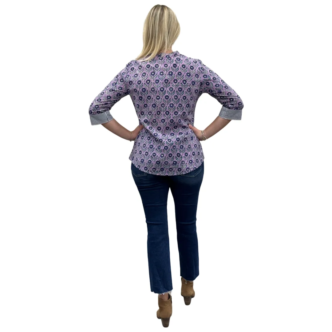 The Eloise Hand Block Print Top in Lavender and Navy Floral