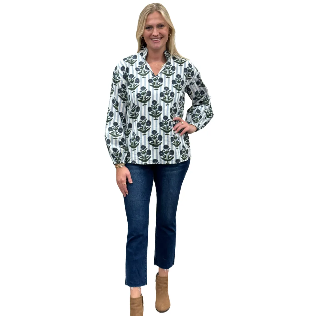 The Phoebe Striped Hand Block Top in Slate Blue