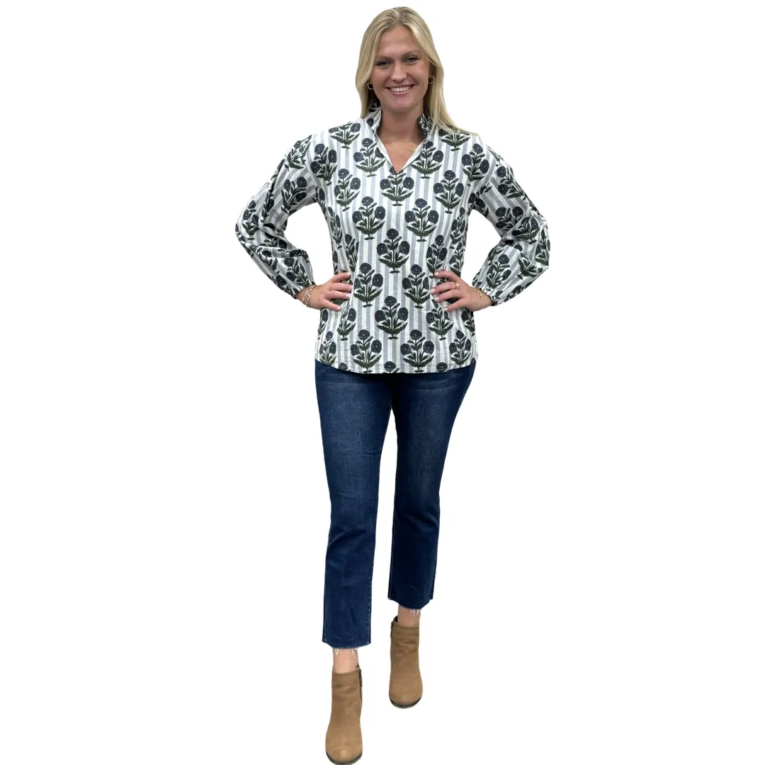 The Phoebe Striped Hand Block Top in Slate Blue