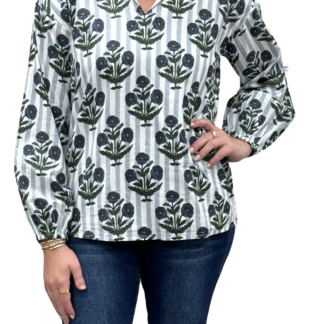 The Phoebe Striped Hand Block Top in Slate Blue