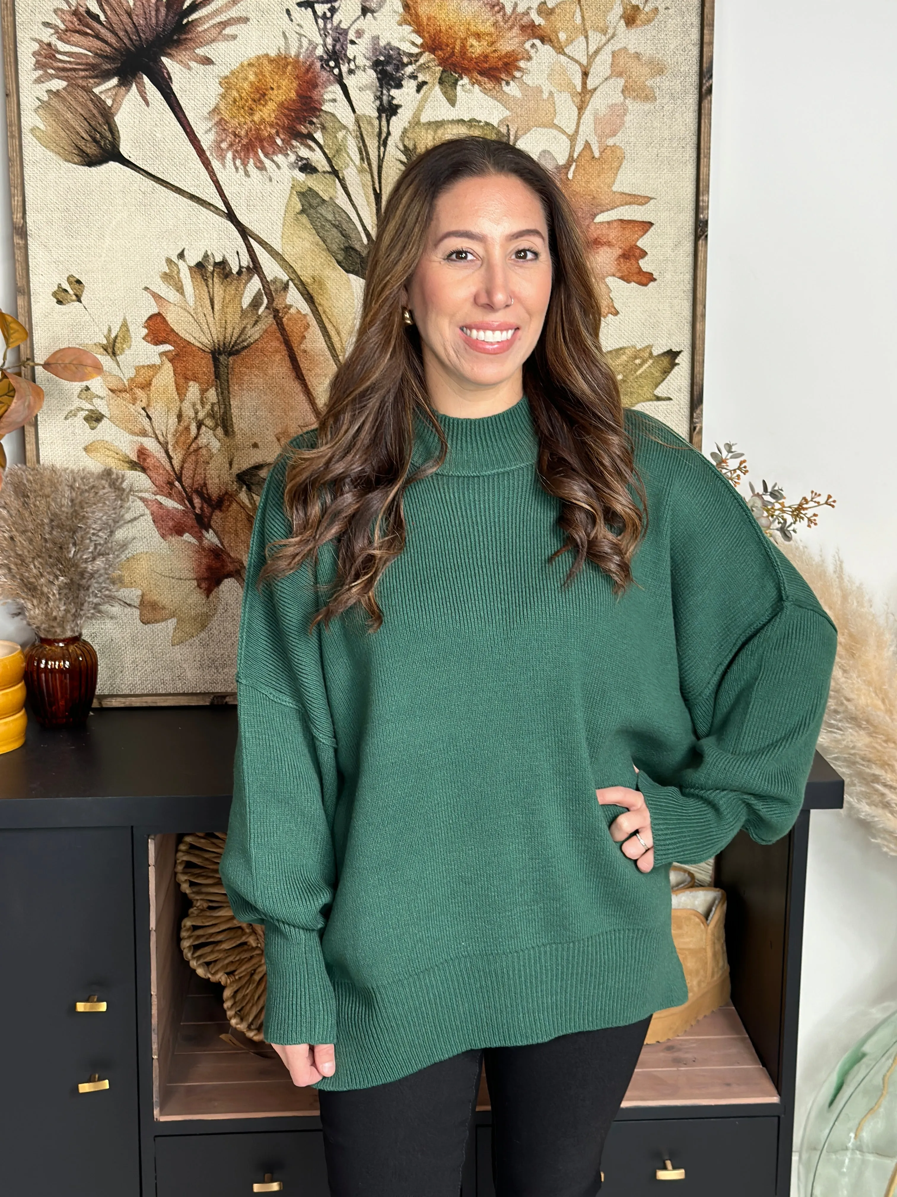 The Side Slit Oversized Sweater - Dark Green