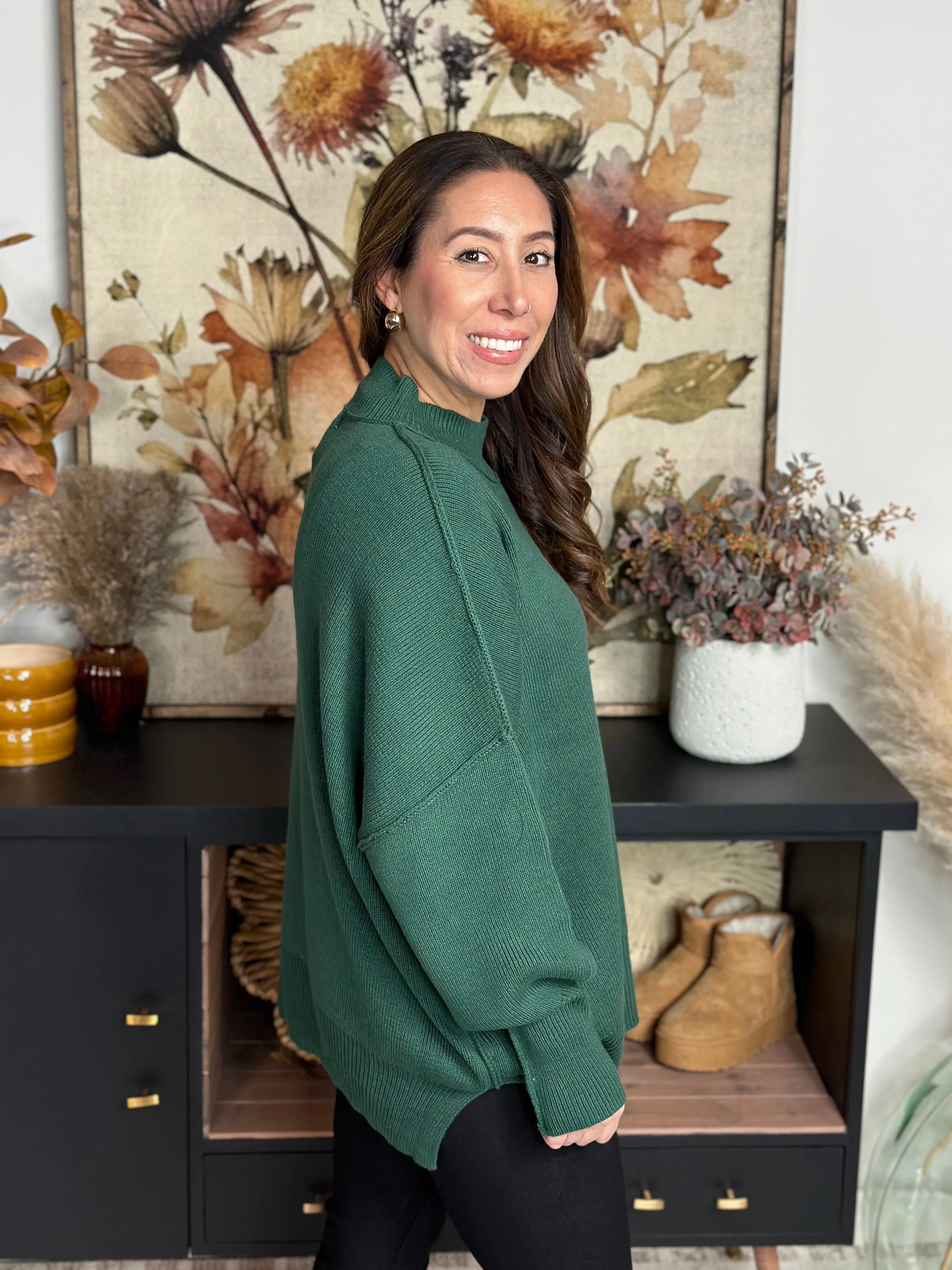 The Side Slit Oversized Sweater - Dark Green