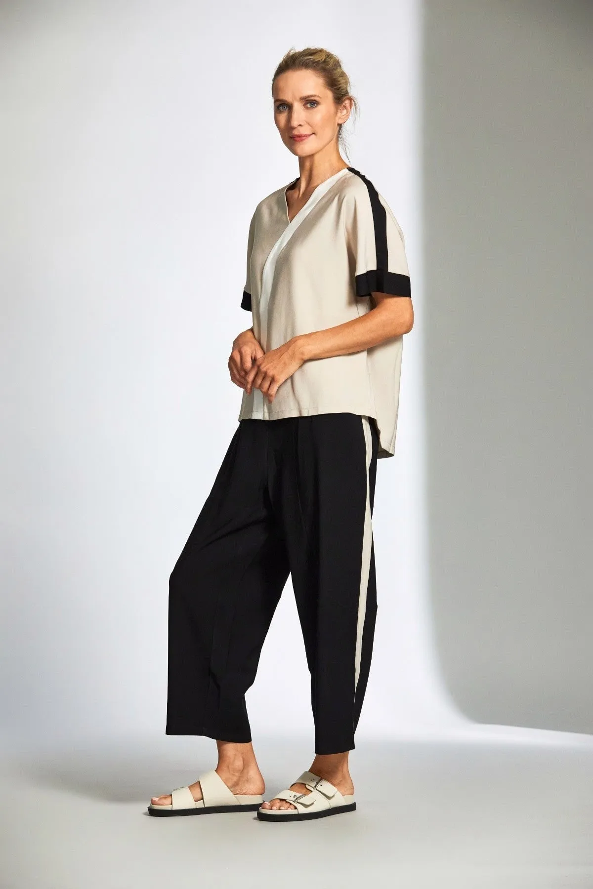 Three Tone Curve Beige Short Sleeve Top