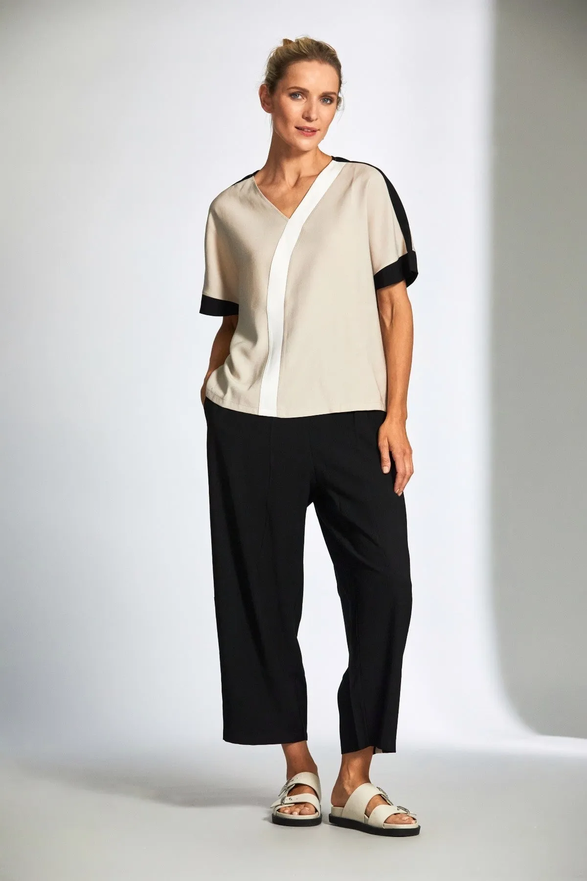 Three Tone Curve Beige Short Sleeve Top