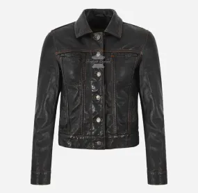TRUCKER Leather Denim Jacket For Women Washed Leather Shirt Jacket
