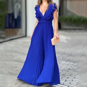 V Neck Sleeveless Nipped Waist Pleated Wide Leg Jumpsuit