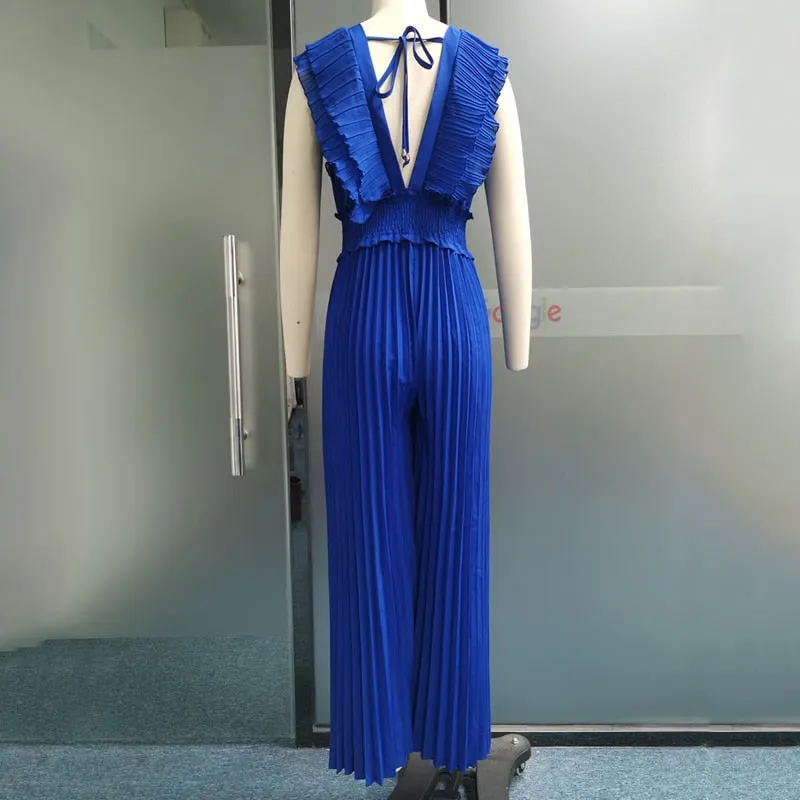 V Neck Sleeveless Nipped Waist Pleated Wide Leg Jumpsuit