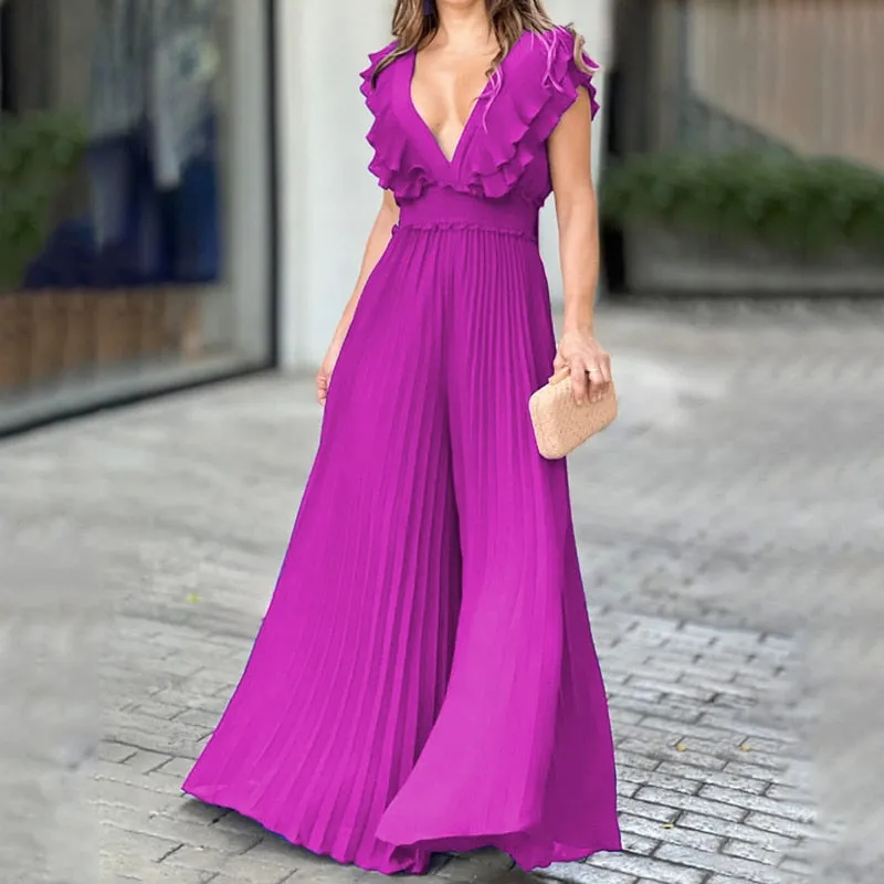 V Neck Sleeveless Nipped Waist Pleated Wide Leg Jumpsuit