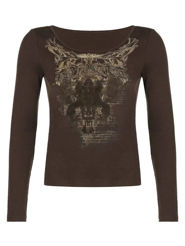 Wenkouban-Braunes Gothic Punk Langarm Top mit Aufdruck- Streetwear y2k outfits Fall Outfits Christmas Thanksgiving Gift New Year's Eve