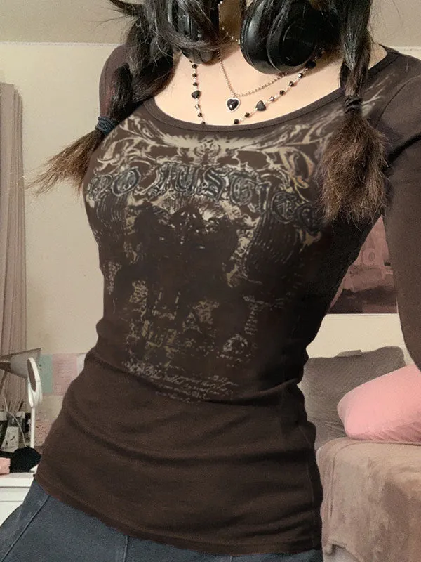 Wenkouban-Braunes Gothic Punk Langarm Top mit Aufdruck- Streetwear y2k outfits Fall Outfits Christmas Thanksgiving Gift New Year's Eve