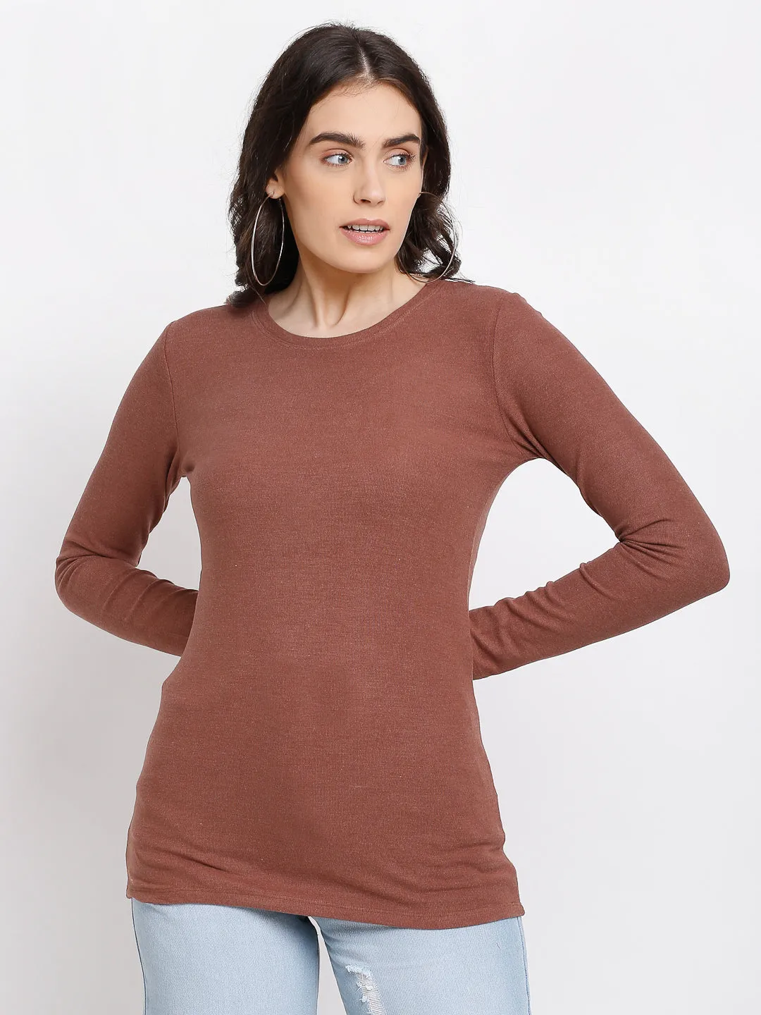 Women Brown Straight Fit Crew Neck T-Shirt