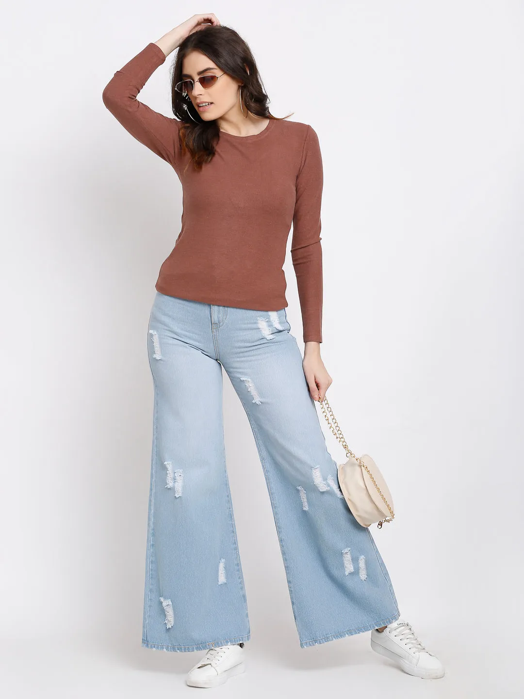Women Brown Straight Fit Crew Neck T-Shirt