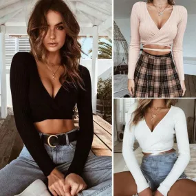 Women Ladies Summer Slim Crop Tops Long Sleeve T Shirt Casual Solid V Neck Knitted Short Tops