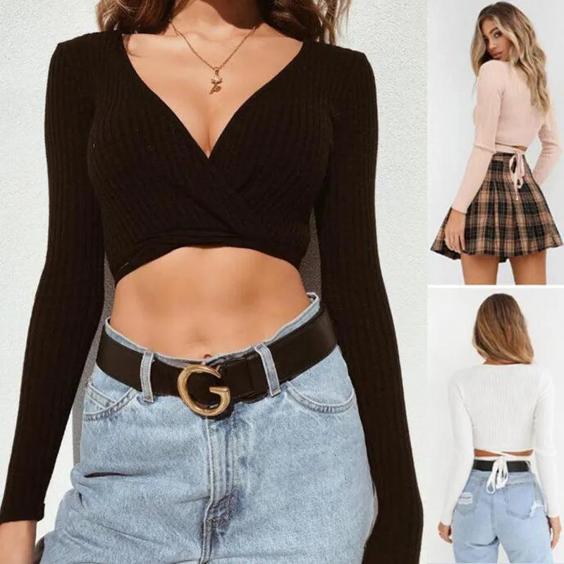 Women Ladies Summer Slim Crop Tops Long Sleeve T Shirt Casual Solid V Neck Knitted Short Tops