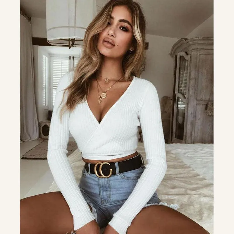 Women Ladies Summer Slim Crop Tops Long Sleeve T Shirt Casual Solid V Neck Knitted Short Tops