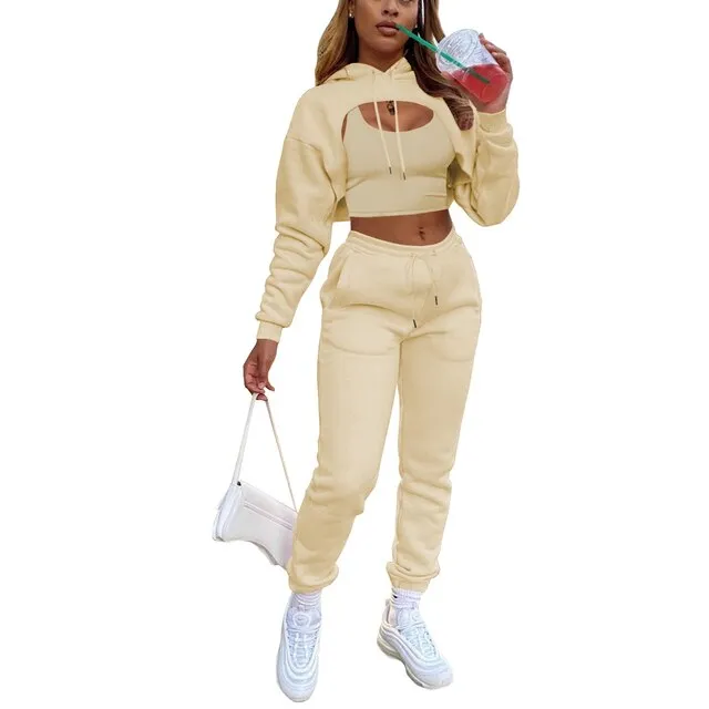 Women Streetwear Style Crop Top Hoodie Jogger Pant Set Tracksuits
